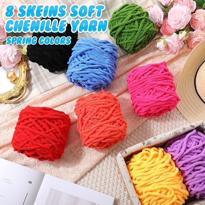 Buryeah 8 Pack Chunky Chenille Yarn for Crocheting Soft Thick Fluffy Yarn for Hand Knitting Bulky Velvet Blanket Plush for Weaving DIY Crafts Each 3.5 oz 55 Yards (Spring Colors)