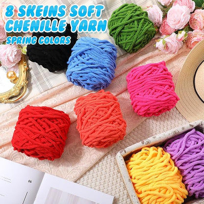Buryeah 8 Pack Chunky Chenille Yarn for Crocheting Soft Thick Fluffy Yarn for Hand Knitting Bulky Velvet Blanket Plush for Weaving DIY Crafts Each 3.5 oz 55 Yards (Spring Colors)