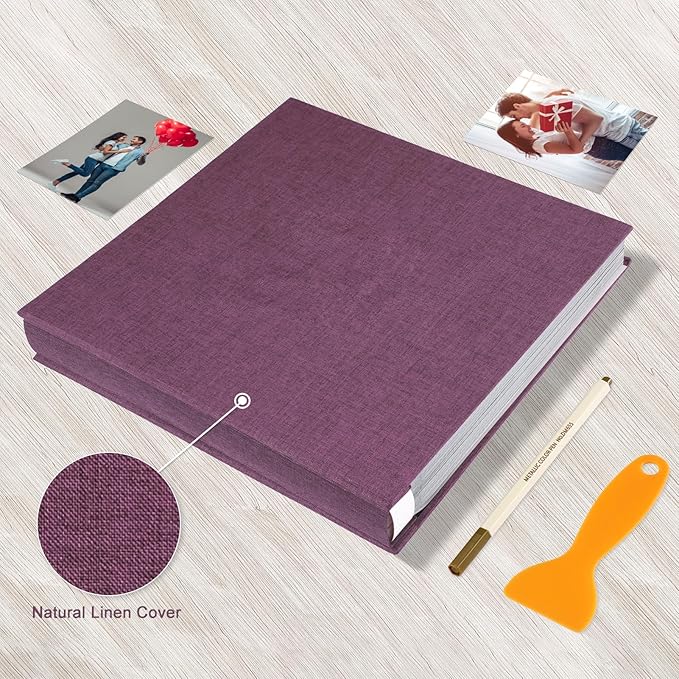Photo Album Self Adhesive Pages Black Sticky Pages Large Scrapbook Linen Cover for 4x6 5x7 8x10 Pictures Album de Fotos Wedding Couples Baby Family Memory Book, 13.2x12.8 Purple 120 Pages