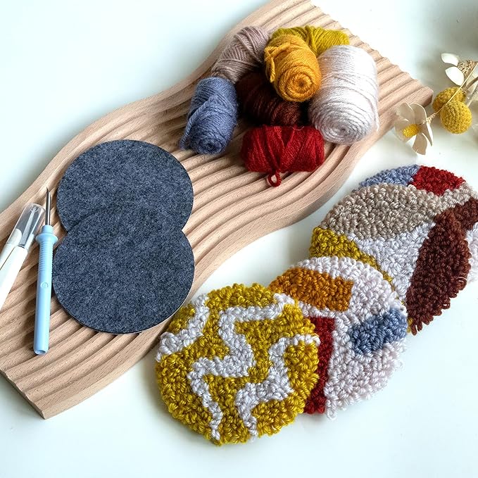 Temlum Punch Needle Coasters Kit, Punch Needle Embroidery Kit for Beginners and Adults Including Patterns, Tools, Yarns, Hoop, Instruction, Coaster Holder Coaster Art Craft Supplies (Lines)