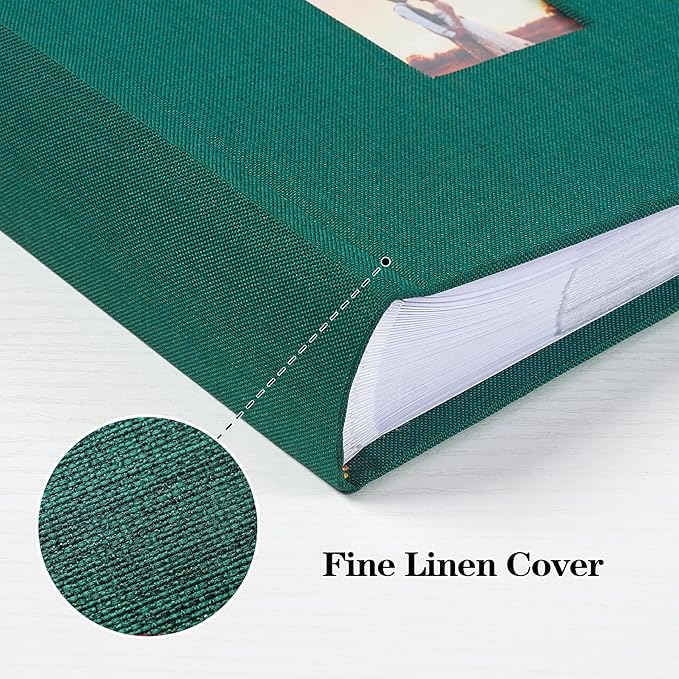 Mublalbum Small 4x6 Photo Album Linen Cover with Memo Areas Photobook Pictures Book Holds Vertical Pockets for Wedding Family Baby and Vacation (Dark Green)