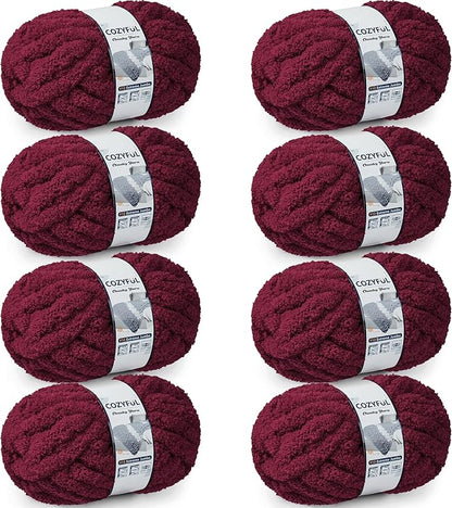 Chunky Yarn for Hand Knitting - #10 Chunky Chenille Yarn, Jumbo Big Thick Chunky Yarns for Crocheting, Super Bulky Chunky Knit Blanket Yarns, 8 Skein (25 yds 8 oz Each Skein), Burgundy