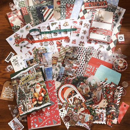 Draupnir Christmas Scrapbooking Supplies Kit,New Year Festival Aesthetic Scrapbook Stickers Kit for Junk Journal,Stationery,Bullet A6 Grid Notebook DIY Scrapbook Craft Christmas Gift