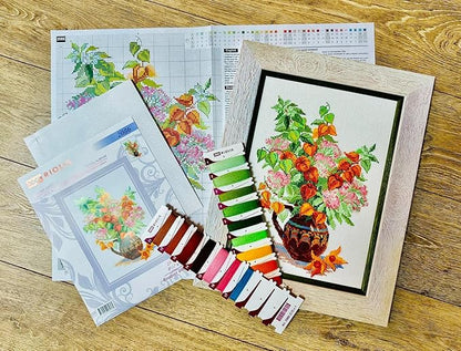 RIOLIS - Bouquet with Physalis 2086, Cross Stitch Kits 8¼" x 11¾", Cross Stitch Kits for Beginners & Advanced, Crossstitching Kit Adult, Embroidery Counted Stitching Kit