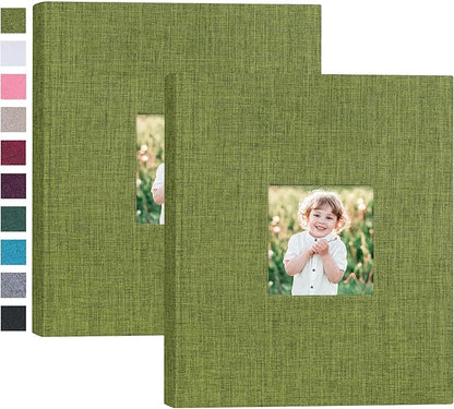 Mublalbum 2 Pack Small 8x10 Photo Album 2 Pack Linen Cover with Display Window Mini Picture Book Each Holds 52 Vertical Pockets for Artwork Postcards or Pictures Storage (Green)