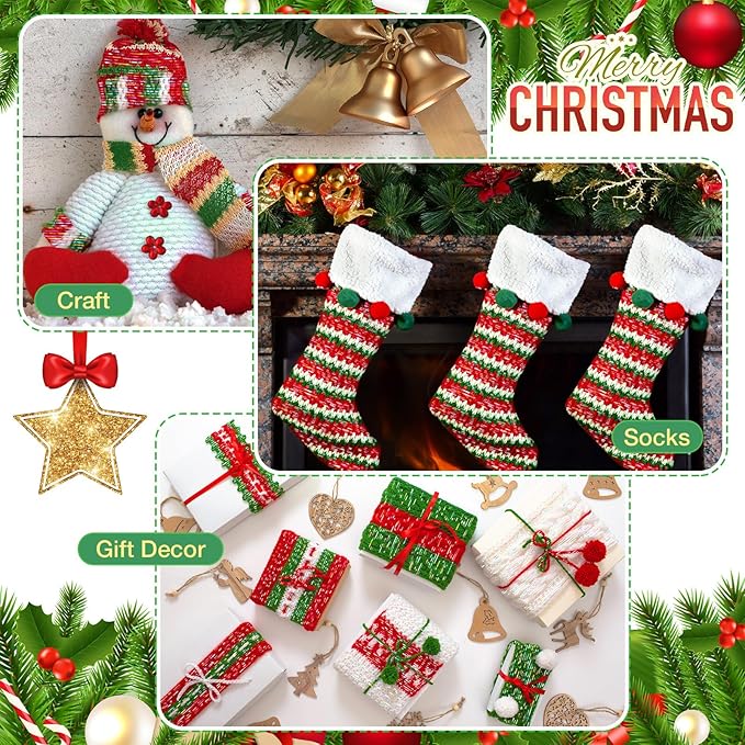 Timgle 3 Pcs Skeins Christmas Yarn for Crocheting 186 Yard Christmas Glitter Yarn Soft Each 100g/ 3.53 oz Knitting Crocheting Gift Craft Project Assorted Starter (Red Green White)