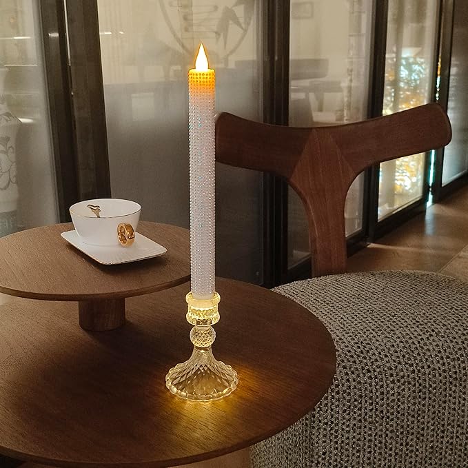 Flameless LED Taper Candles wish Illuminated Holder - Glass Candle Holder, Remote Timer 2AA Battery Operated 500 Hours for Thanksgiving/Xmas Decor, Wedding Centerpiece (Crystallized-Brilliant, 2 Pack)