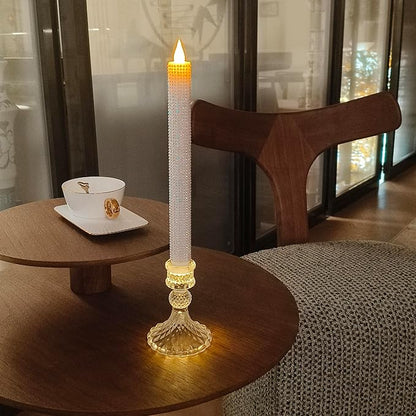 Flameless LED Taper Candles wish Illuminated Holder - Glass Candle Holder, Remote Timer 2AA Battery Operated 500 Hours for Thanksgiving/Xmas Decor, Wedding Centerpiece (Crystallized-Brilliant, 2 Pack)
