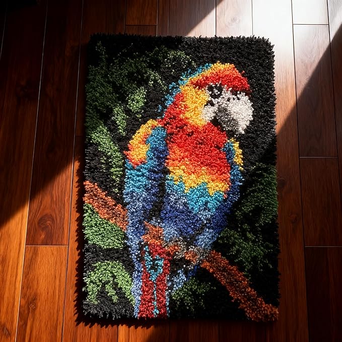 KitsMaster Bright Macaw Latch Hook Kit – Pre-Printed Canvas, Color-Coded Yarn, Tropical Décor Craft Kit, Rug Craft for Adults & Beginners, 23.6''x15.8'' (Tropical Parrot)