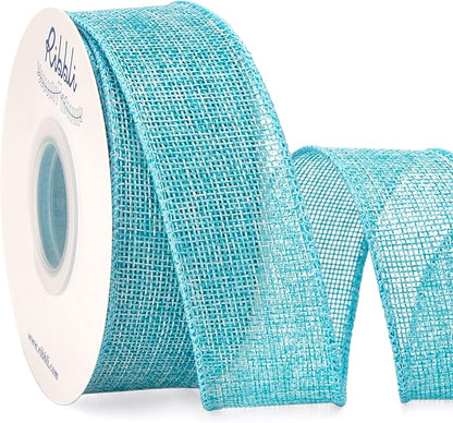 Ribbli Light Blue/Ocean Blue Burlap Wired Ribbon,1-1/2” Inch x Continuous 10 Yard, Wired Edge Ribbon for Big Bow,Wreath,Tree Decoration,Outdoor Decoration