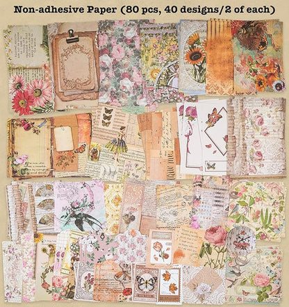 Knaid 200 Piece Vintage Ephemera Bundle - Paper & Sticker Kit for Junk Journaling, Scrapbooking, Planners, Bullet Journals, Collage, Decoupage - Cottagecore Themed - Pastel/Earthy Tones