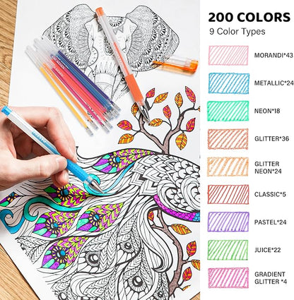 200 Colors Gel Pen Refills, Glitter Neon Gel Ink Pens Refills,Replace Cartridges for Gel Pens Set,9 Color Type for Adult Coloring Books Drawing Doodling Crafts Scrapbooking Journaling,No Repeats