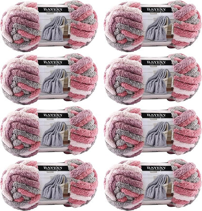 Chunky Chenille Yarn for Hand Knitting 8 Jumbo Pack Jumbo Chunky Yarn for Hand Soft Blanket Knitting, Bulky Thick Fluffy Yarn for Crocheting (Cherry Blossom)