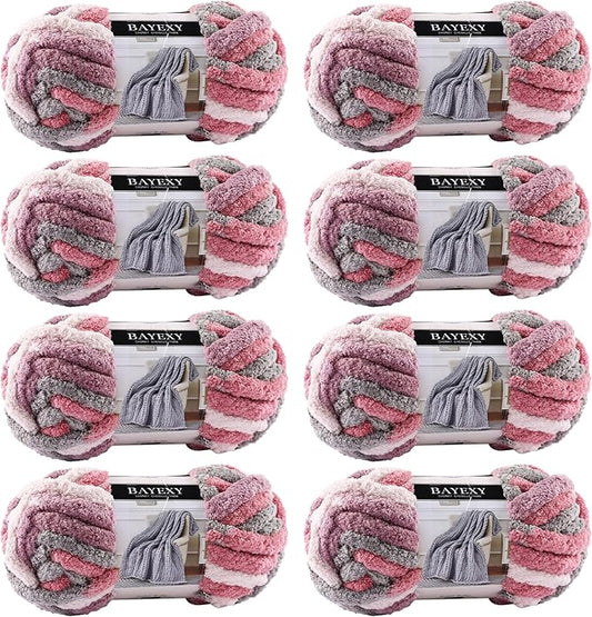 Chunky Chenille Yarn for Hand Knitting 8 Jumbo Pack Jumbo Chunky Yarn for Hand Soft Blanket Knitting, Bulky Thick Fluffy Yarn for Crocheting (Cherry Blossom)