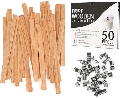 NOOR 50 Wooden Wicks for Candle Making - Double Layer Crackling Wood Wicks with Metal Clips - Smokeless, Eco-Friendly, Ideal for Soy Wax & DIY Candle Projects