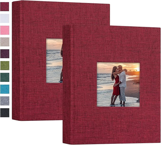 Mublalbum 2 Pack Small 5x7 Photo Album Linen Cover with Display Window Mini Picture Book Each Holds 52 Vertical Pockets for Artwork Postcards or Pictures Storage (Red)