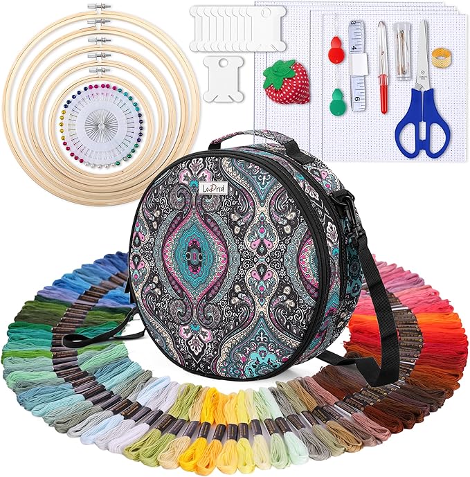 LoDrid Embroidery Kit, Double-Layer Round Storage Bag with Complete Cross Stitch Tools Kit, Embroidery Starter Kits for Beginners, Adults, with Handles and Shoulder Strap, Totem