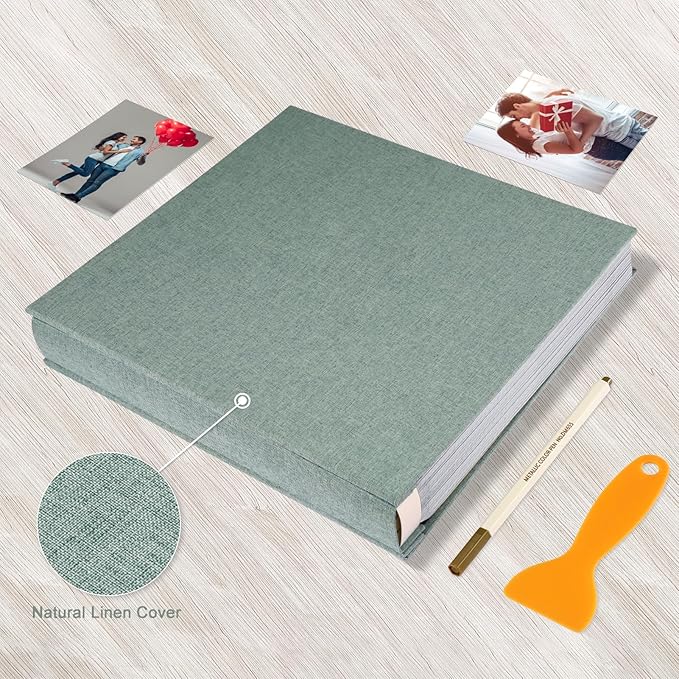Photo Album Self Adhesive Pages Black Sticky Pages Large Scrapbook Linen Cover for 4x6 5x7 8x10 Pictures Album de Fotos Wedding Couples Baby Family Memory Book, 13.2x12.8 Green 120 Pages