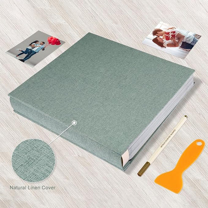 Photo Album Self Adhesive Pages Black Sticky Pages Large Scrapbook Linen Cover for 4x6 5x7 8x10 Pictures Album de Fotos Wedding Couples Baby Family Memory Book, 13.2x12.8 Green 120 Pages