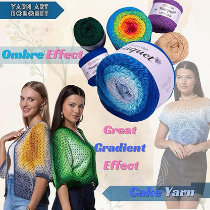 2 Skein Yarn Art Bouquet 100% Cotton 250grx2 550yardsx2 Multicolor Cotton Cake Yarn, Ombre More Softness, Gradient Rainbow Crochet Spring Summer Light 3, Top 5 Most Used Colors (Bouquet 718)