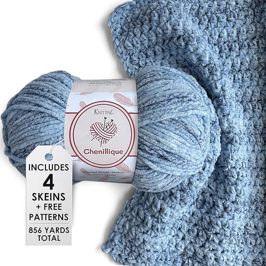 Chenillique Velvet Chenille Yarn for Crocheting, 4-Pack (856Yds / 400G), Free Patterns, Beginners Friendly - Soft Baby Yarn for Knitting Baby Blanket - #4 Medium Worsted Weight - Sky Bubbles