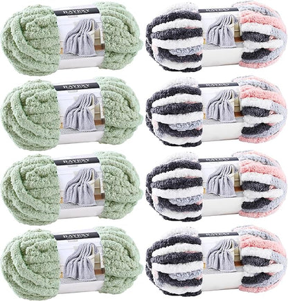 Chunky Chenille Yarn for Hand Knitting 8 Jumbo Pack Jumbo Chunky Yarn for Hand Soft Blanket Knitting, Bulky Thick Fluffy Yarn for Crocheting (Sage Green+Kitten Color)