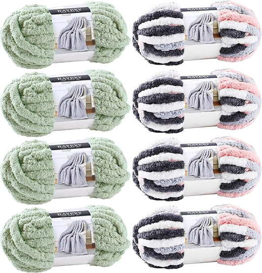 Chunky Chenille Yarn for Hand Knitting 8 Jumbo Pack Jumbo Chunky Yarn for Hand Soft Blanket Knitting, Bulky Thick Fluffy Yarn for Crocheting (Sage Green+Kitten Color)