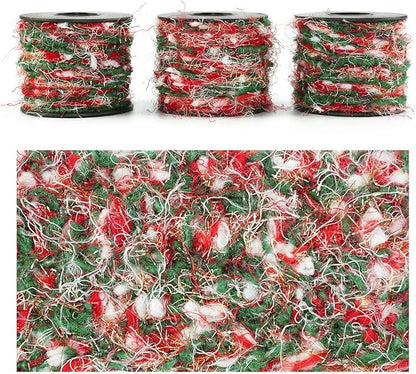 Artisanal Yarn Collection Multifiber Fancy Yarn with Golden Threads for Knitting Crocheting Crafts DIY, Set of 3 Rolls (Christmas Red & Green)
