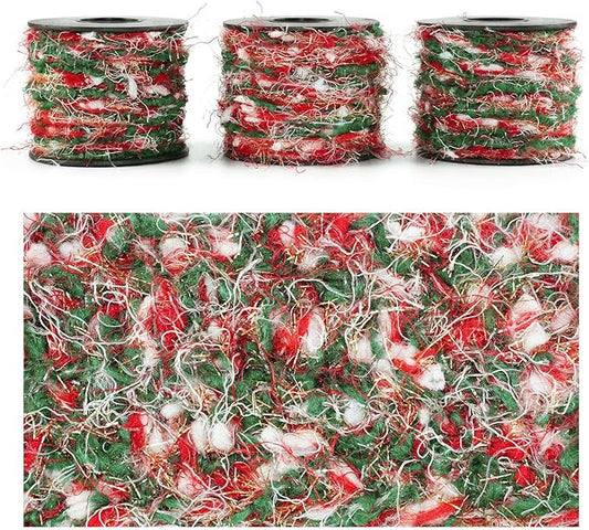 Artisanal Yarn Collection Multifiber Fancy Yarn with Golden Threads for Knitting Crocheting Crafts DIY, Set of 3 Rolls (Christmas Red & Green)
