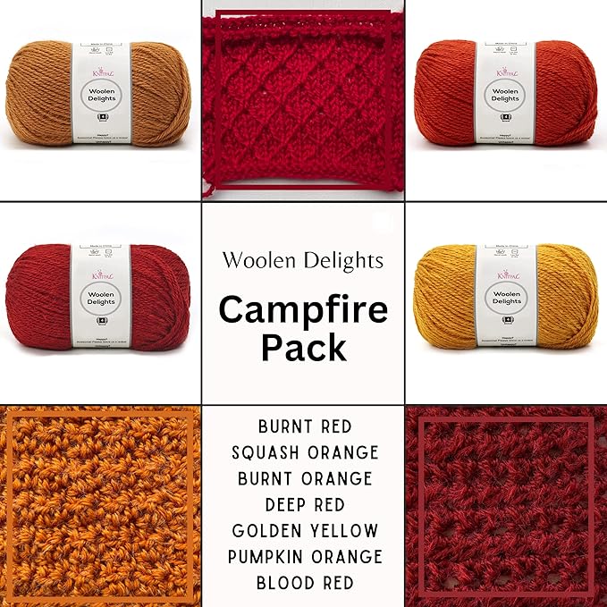 Woolen Delights Soft Wool Yarn for Crocheting, 7-Pack (1218Yds / 700G), Free Patterns - #4 Medium Aran/Heavy Worsted Weight Wool Yarn for Knitting - Campfire Pack