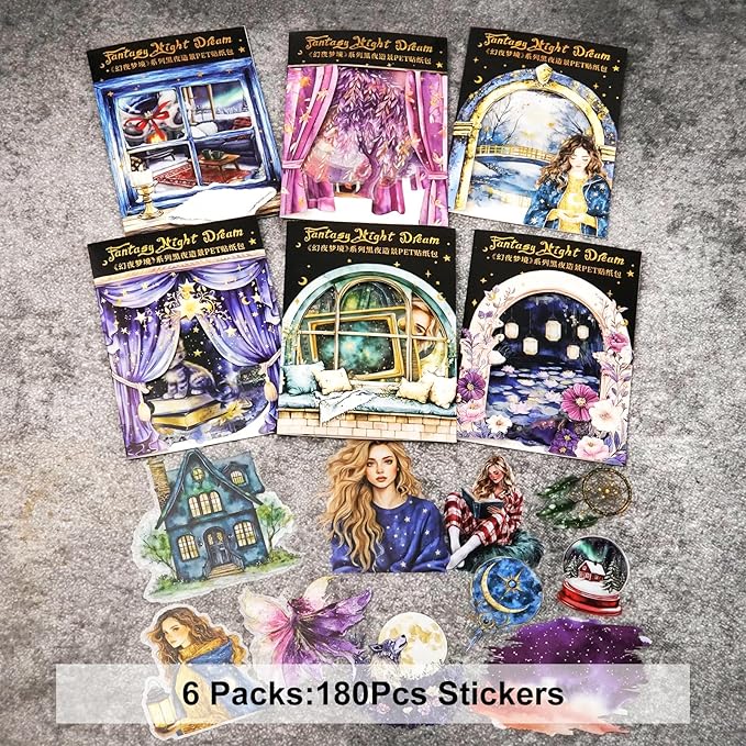 AuriicLeaf Fantasy Night Dream PET Stickers Set, 180Pcs Mystical Celestial Stickers for Journaling, Scrapbooking, DIY Crafts, Planners, and Collage Art