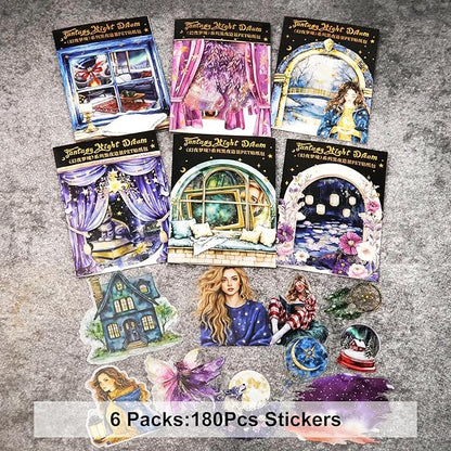 AuriicLeaf Fantasy Night Dream PET Stickers Set, 180Pcs Mystical Celestial Stickers for Journaling, Scrapbooking, DIY Crafts, Planners, and Collage Art