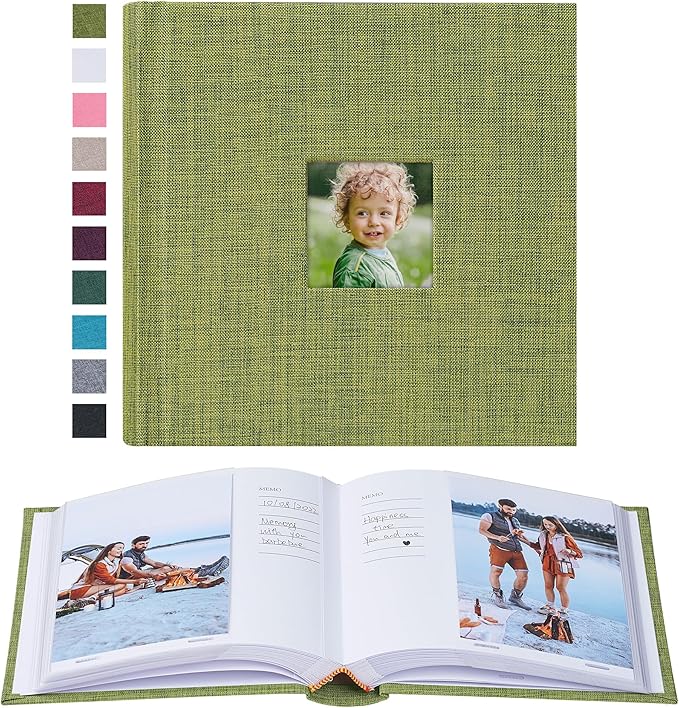 Mublalbum Small 4x6 Photo Album Linen Cover with Memo Areas Photobook Pictures Book Holds Vertical Pockets for Wedding Family Baby and Vacation (Green)