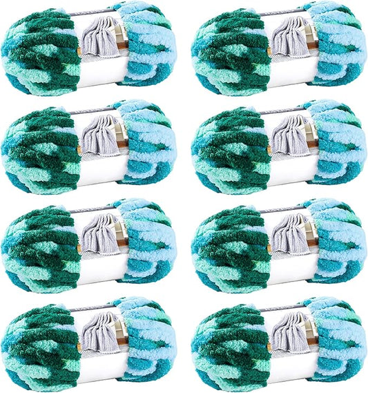 Chunky Chenille Yarn for Hand Knitting 8 Jumbo Pack Jumbo Chunky Yarn for Hand Soft Blanket Knitting, Bulky Thick Fluffy Yarn for Crocheting (Sea of Clouds)