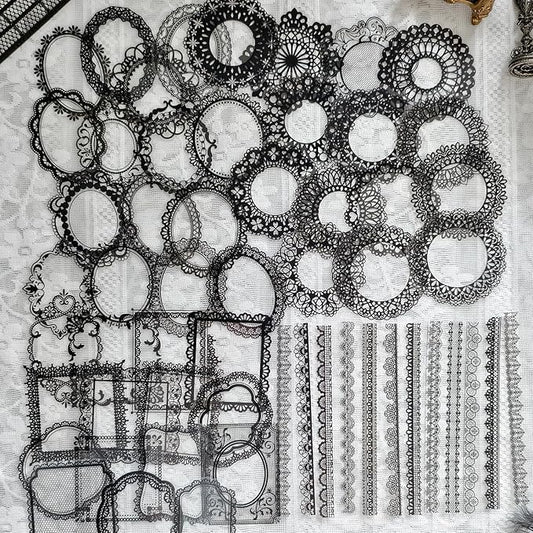 PRSTINCOL 120 PCs Lace Scrapbook Stickers,Waterproof Cutout Transparent Sticker PET Transparent Lace Stickers for Scrapbooking DIY Decoration Making Notebook Frame Album Handmade(Black)