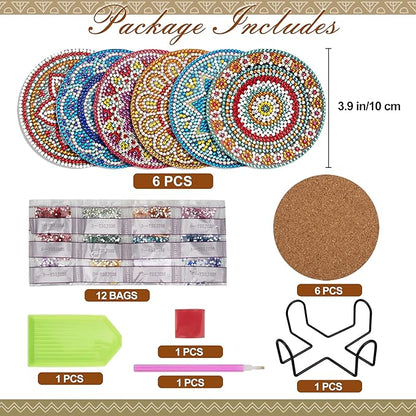 Temlum 6 Pcs Diamond Painting Coasters with Holder, Mandala Diamond Art Coasters Kits for Beginners, Adults Small Diamond Painting Kit Art Craft Supplies