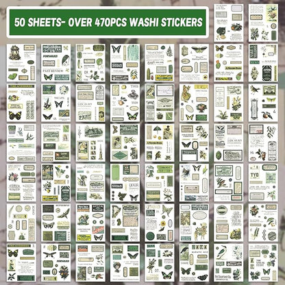 RISYPISY Pre-Cut Vintage Washi Journaling Sticker Book for Scrapbooking, 476PCS Green Scrapbooking Supplies, Ephemera for Junk Journal Supplies Crafts Arts, Dark Academia Stickers for journaling