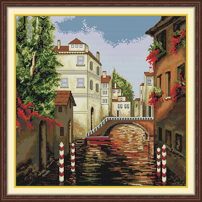 Threadhaven 16CT Stamped Cross Stitch Kit - Full Range Patterns for Adults, High - Definition Printing Embroidery Kit, Ideal for Beginners- Corner of Venice 15.3''×15.3''
