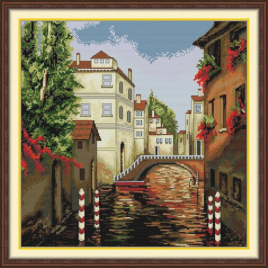Threadhaven 16CT Stamped Cross Stitch Kit - Full Range Patterns for Adults, High - Definition Printing Embroidery Kit, Ideal for Beginners- Corner of Venice 15.3''×15.3''