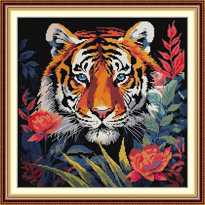Maydiyer Counted Cross Stitch Kits for Adults,14CT Unprinted Pattern Embroidery Kits for Beginners,Easy Cross-Stitch Set DMC Threads Needlework-South China Tiger 15.8''×15.8''