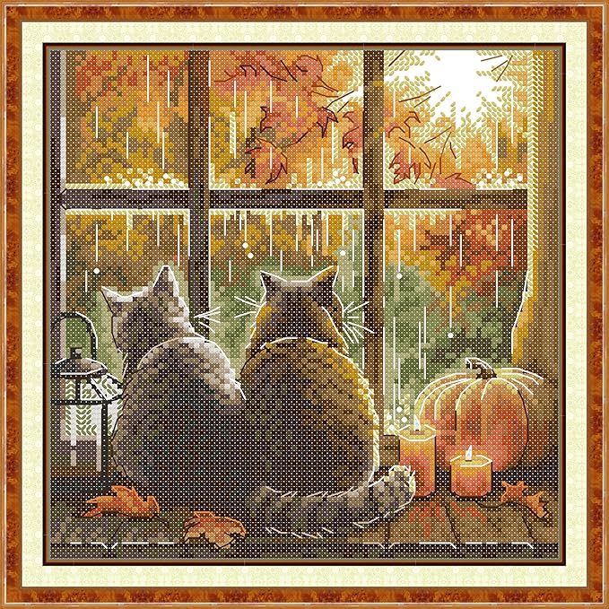 Threadhaven 16CT Stamped Cross Stitch Kit - Full Range Patterns for Adults, High - Definition Printing Embroidery Kit, Ideal for Beginners- Cats on The windowsill 7.9''×7.9''