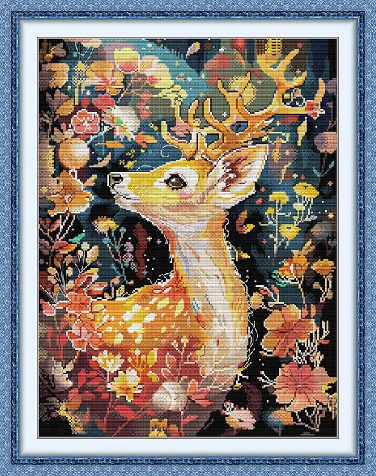 Maydiyer Counted Cross Stitch Kits for Adults,14CT Unprinted Pattern Embroidery Kits for Beginners,Easy Cross-Stitch Set DMC Threads Needlework-Fortune Deer 16.9''×21.7''