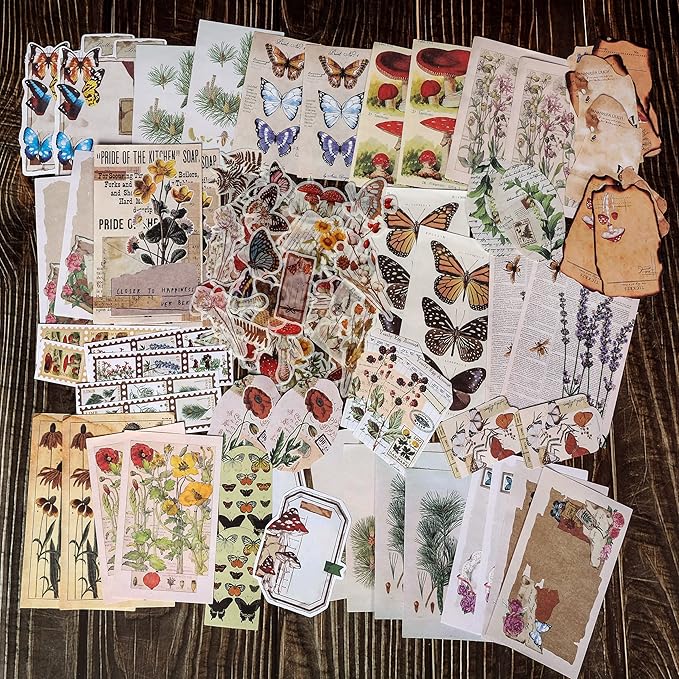 200 Pieces Vintage Scrapbook Supplies Pack for Junk Journal Planners DIY Paper Stickers Vintage Ephemera Pack Decoupage for Art Journaling Bullet Craft Notebooks Collage Aesthetic Gifts (Plant)