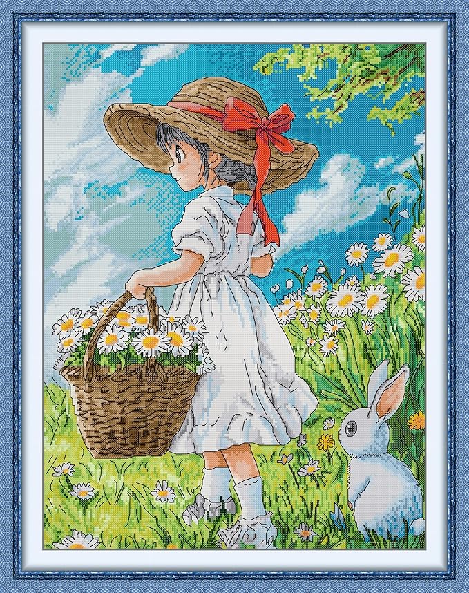 CrossNest 16CT Stamped Cross Stitch Kit for Beginners, HD Printed Complete DIY Embroidery Set with Pattern & Tools, Premium Aida Cloth & Threads (Girl and Rabbit)