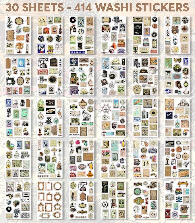 Fayware 411 Vintage Washi Stickers & 20 Scrapbook Papers Ephemera for Junk Journals & Scrapbooking