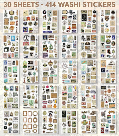 Fayware 411 Vintage Washi Stickers & 20 Scrapbook Papers Ephemera for Junk Journals & Scrapbooking