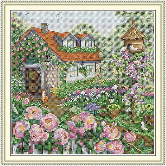 CrossNest 14CT Counted Cross Stitch Kit for Beginners, Unprinted Complete DIY Embroidery Set with Pattern & Tools, Premium Aida Cloth & Threads (Rose Cottage)