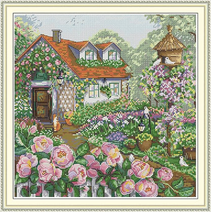 CrossNest 14CT Counted Cross Stitch Kit for Beginners, Unprinted Complete DIY Embroidery Set with Pattern & Tools, Premium Aida Cloth & Threads (Rose Cottage)
