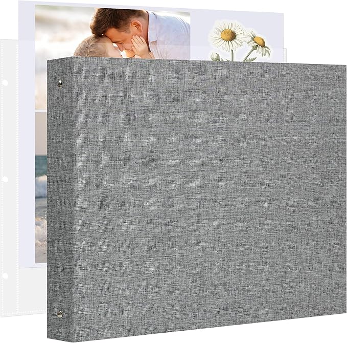 Remowith Large Scrapbook Album with 30 Sheets Plastic Sleeves and Scrap Book Paper 12x12 Inch, Linen Cover 3 Ring Photo album Scrapbooks for Wedding Baby Famliy Memory Grey