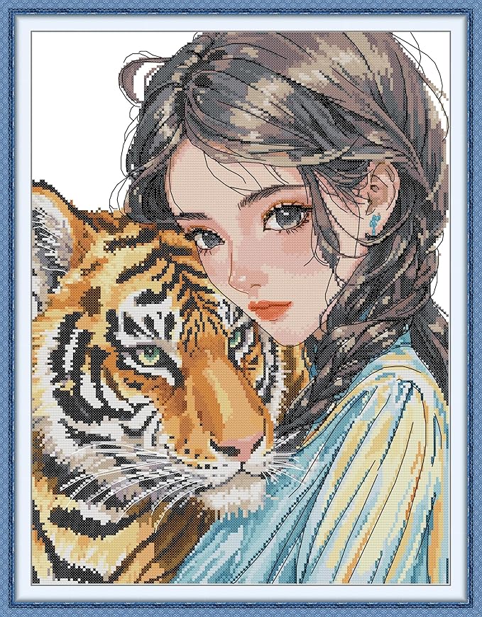 CrossNest 16CT Stamped Cross Stitch Kit for Beginners, HD Printed Complete DIY Embroidery Set with Pattern & Tools, Premium Aida Cloth & Threads (Girl and Tiger)